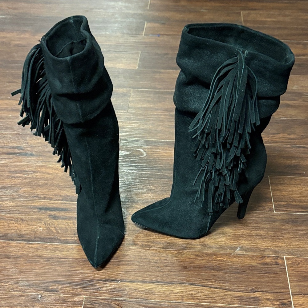 Aldo Black Suede Fringe Stiletto Boots